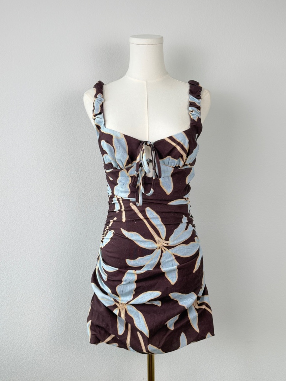 Peppermayo linen Brown Mini Dress with Light Blue Floral Print